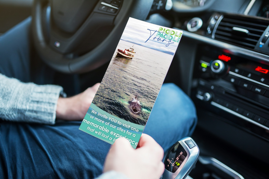 person sittting in a car holding a travel pamphlet