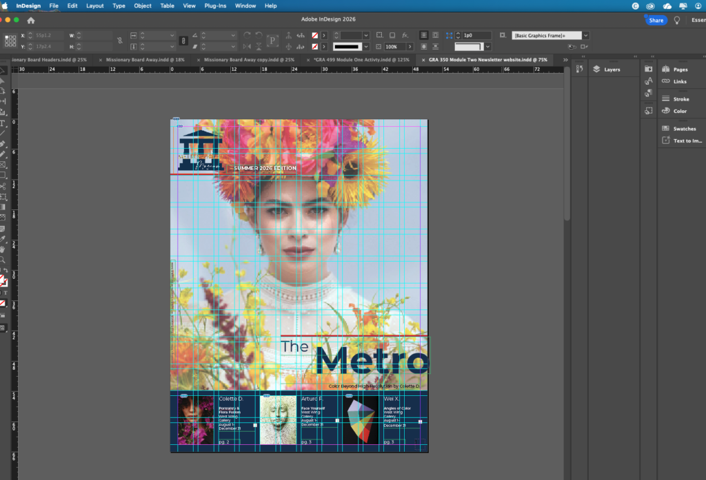 Image of a newsletter cover being edited in Adobe Indesign